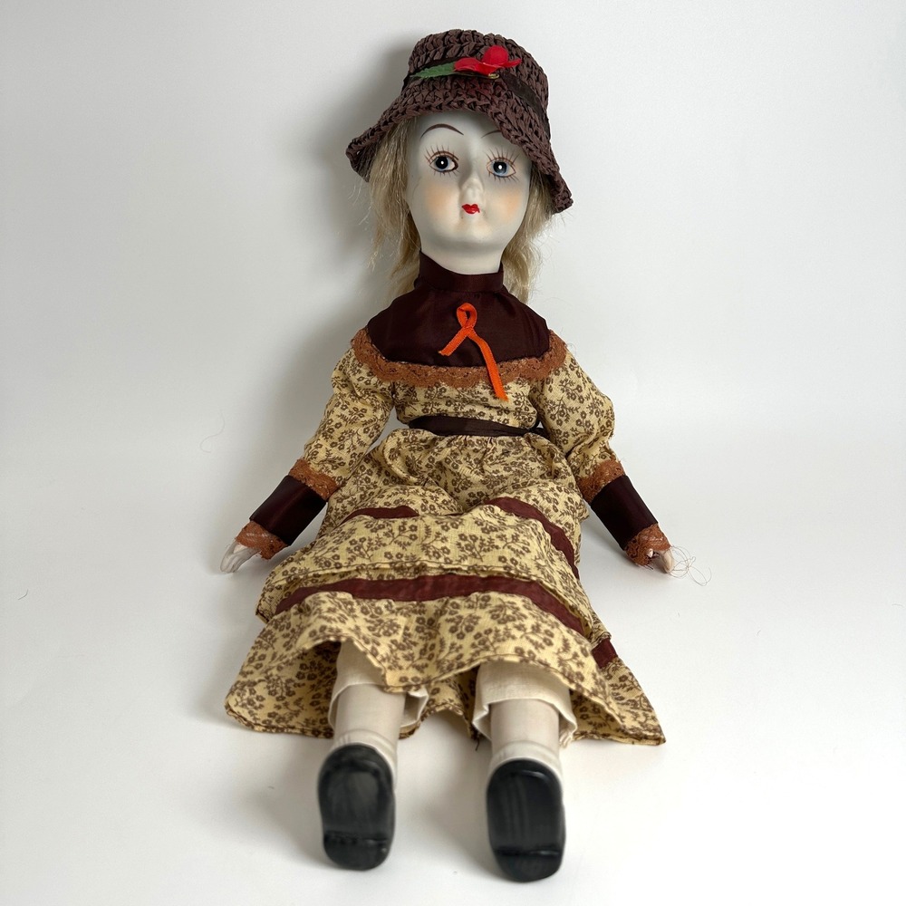 Walda Porcelain Doll Girl 17" Brown Floral Prairie Dress Country Victorian Vtg